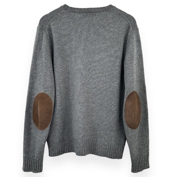 Polo Ralph Lauren Gray Real Suede Trimmed Wool Crewneck Knit Sweater sz M - Picture 2 of 5